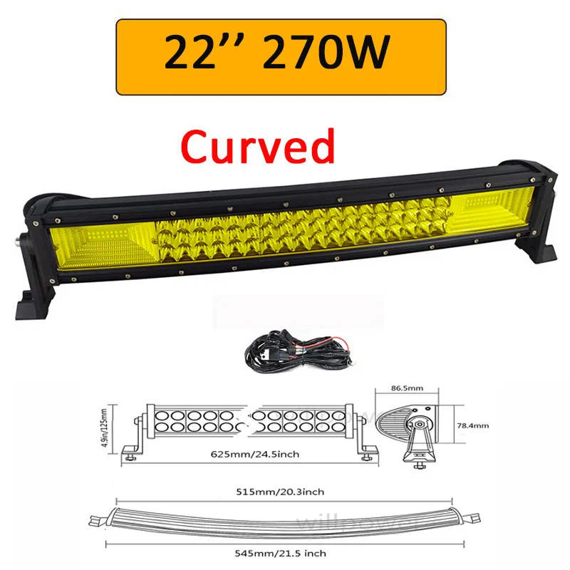 Auxtings 2" 32" 4" 52" изогнутый светодиодный светильник, рабочий светильник 7D, Светодиодная панель желтого цвета, 4x4, грузовик, квадроцикл, крыша автомобиля, внедорожный Янтарный противотуманный светильник - Цвет: 270W with wiring