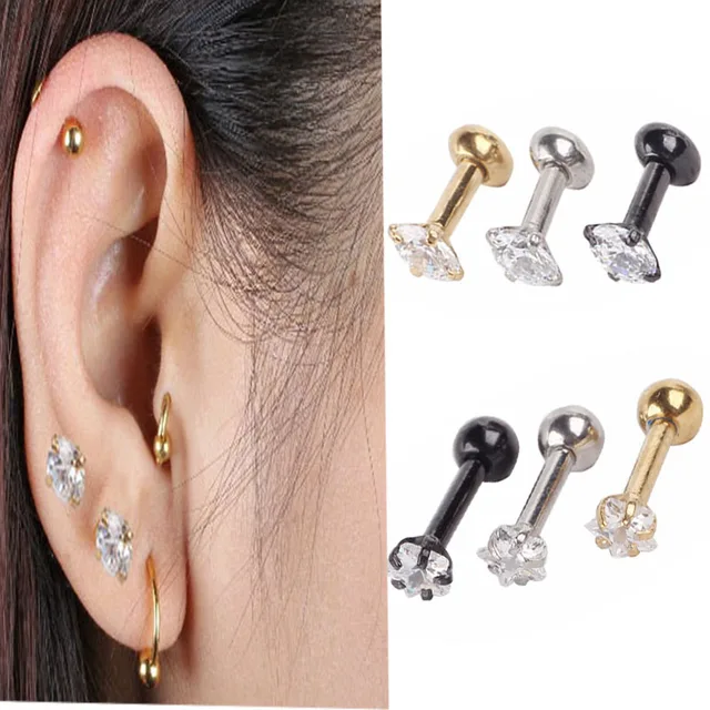 2 Pcs Women New Silver Gold Star Crystal Cartilage Stud Earring 2 Pcs Women New Silver Gold Star Crystal Cartilage Stud Earring Tragus Helix Ear Piercing Top