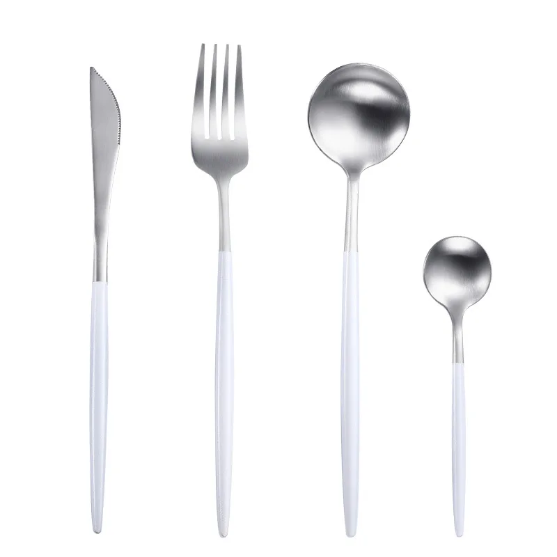 Набор столовых приборов Десертные Вилки Ножи Ложки палочки для еды нержавеющая сталь столовое серебро стейк посуда матовые серебряные столовые приборы посуда - Цвет: white silver