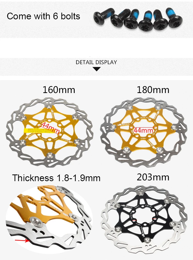Улитка велосипед тормозной ротор диск плавающий ротор колодки MTB Гидравлический 160 180 203 мм 6 болтов горный велосипед DH CX Велоспорт