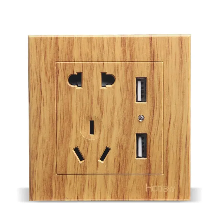 

Luxury Yellow Wood Pattern 86-Type Wall Switch, Two Or Three Inserted Five Holes With Dual UsB2.4A Socket, AC 110 ~ 250V