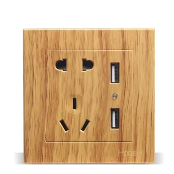 

Luxury Yellow Wood Pattern 86-Type Wall Switch, Two Or Three Inserted Five Holes With Dual UsB2.4A Socket, AC 110 ~ 250V