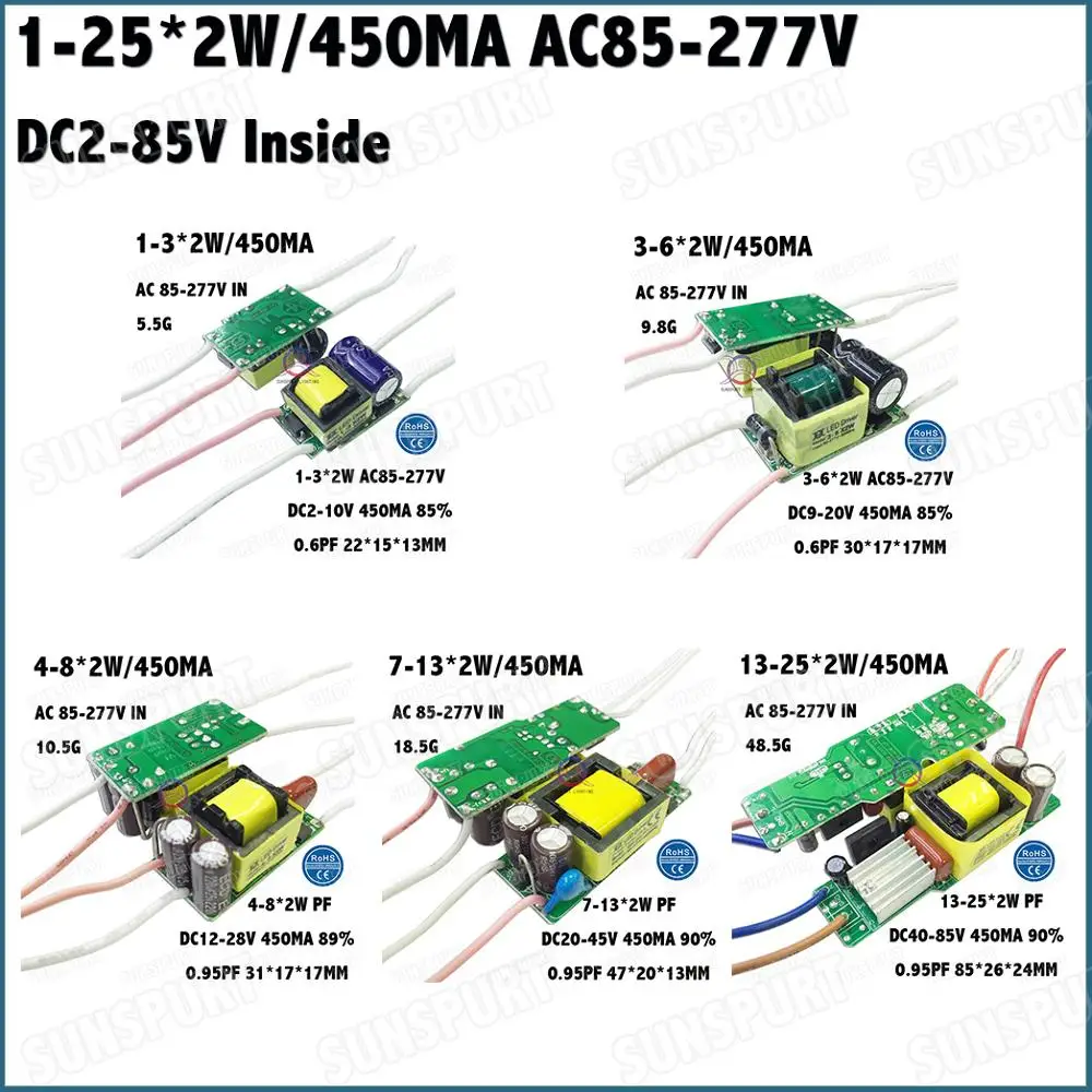 Внутри 1-36 Вт изоляция AC85-277V светодиодный драйвер 1-3x2W 3-6x2W 4-8x2W 7-13x2W 13-25x2W 450mA DC2-85V постоянного тока с бесплатной доставкой