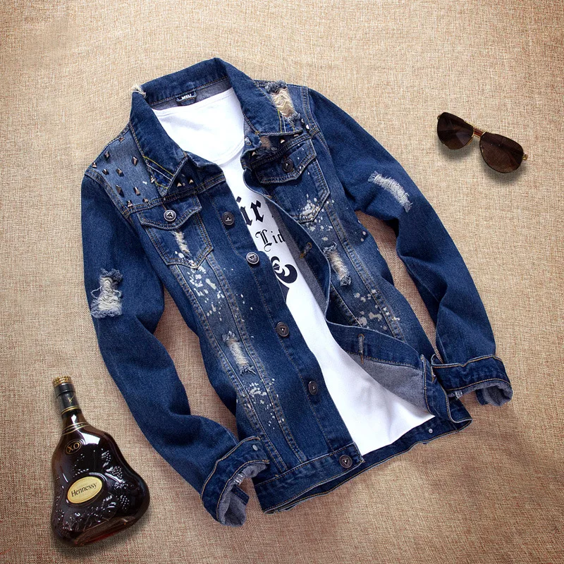 

Men's Denim Jacket Student Tops Trendy Hole Denim Jacket