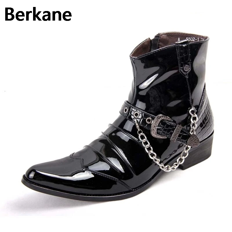 Black Patent PU Leather Chain Men Boots Mens Glossy Shoes Male Casual