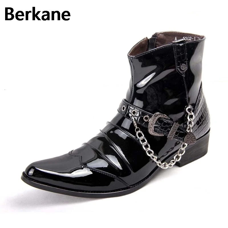 Black Patent PU Leather Chain Men Boots Mens Glossy Shoes Male 