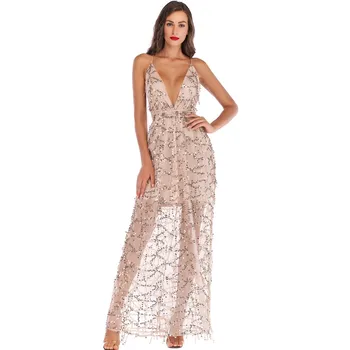sexy dress summer Sexy Women V Neck Maxi Sequin Halter Backless Split Cocktail Prom Gown Dress fashion 2019 sukienki damskie#g12