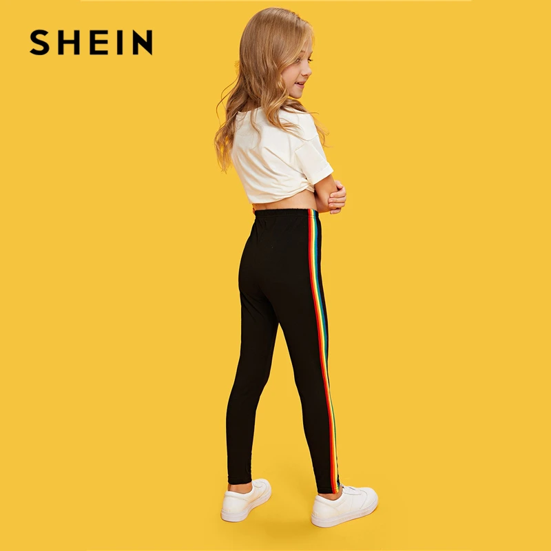 SHEIN/ г.; черные повседневные штаны в радужную полоску с лентой по бокам; леггинсы для девочек; одежда для активного отдыха; брюки с эластичной резинкой на талии; одежда для детей