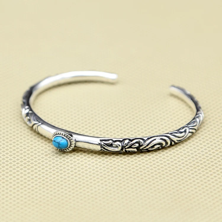 100 Real Pure 925 Sterling Silver Women Cuff Bangle&Bracelet With Blue