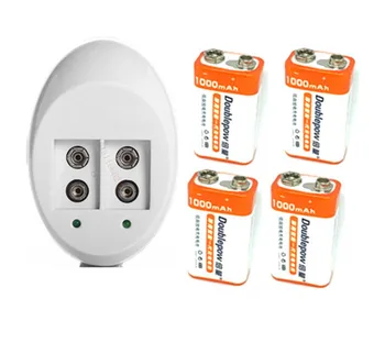

4pcs/lot 9v 1000mah lithium Rechargeable batteries RC wireless microphone KTV Instrument+ 9V 2 slot 1 smart charger