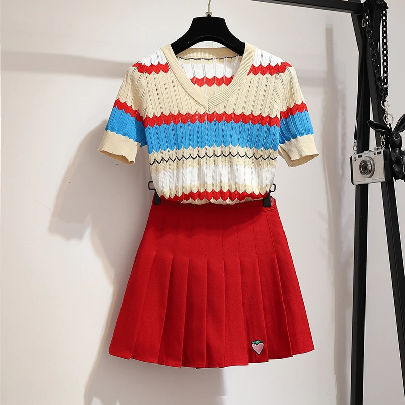 

New Fashion Womens Suit Hit Color Striped Knitted Top Short Sleeve T-shirt +High Waist Pleated Skirt Women Two Piece Sets