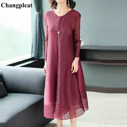 Changpleat весна осень новое свободное платье miяк Плиссированное модный дизайн полый длинный рукав v-образный вырез большой размер женские