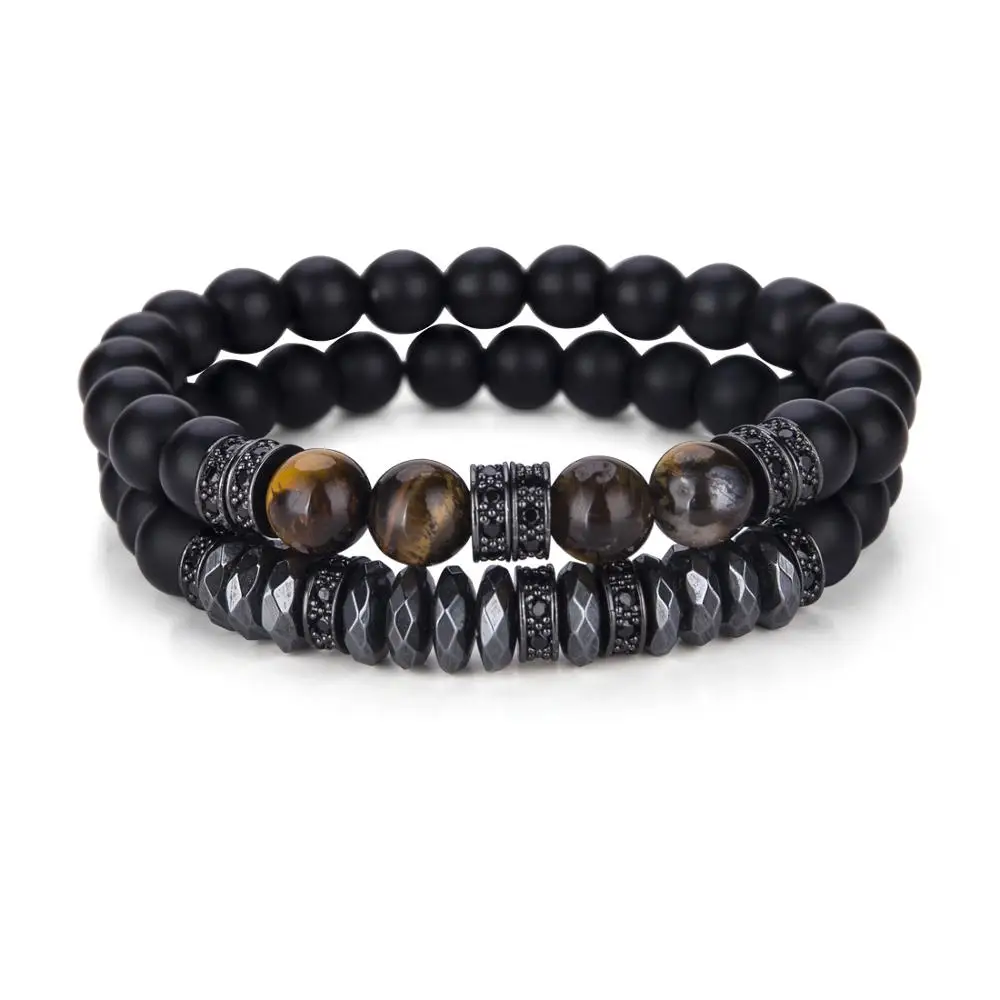 

Punk 2pcs Bracelets Men Natural Frosted Tiger eye Braslet Camping Jewelry Geometric Hematite Brazalete Male Accesorios Hombre