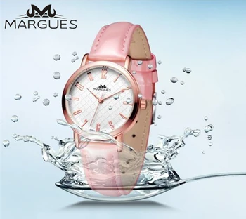 

Women watches waterproof Quartz watch MARGUES popular Ling grid dial fashion casual Solid color leather strap Bracelet clock