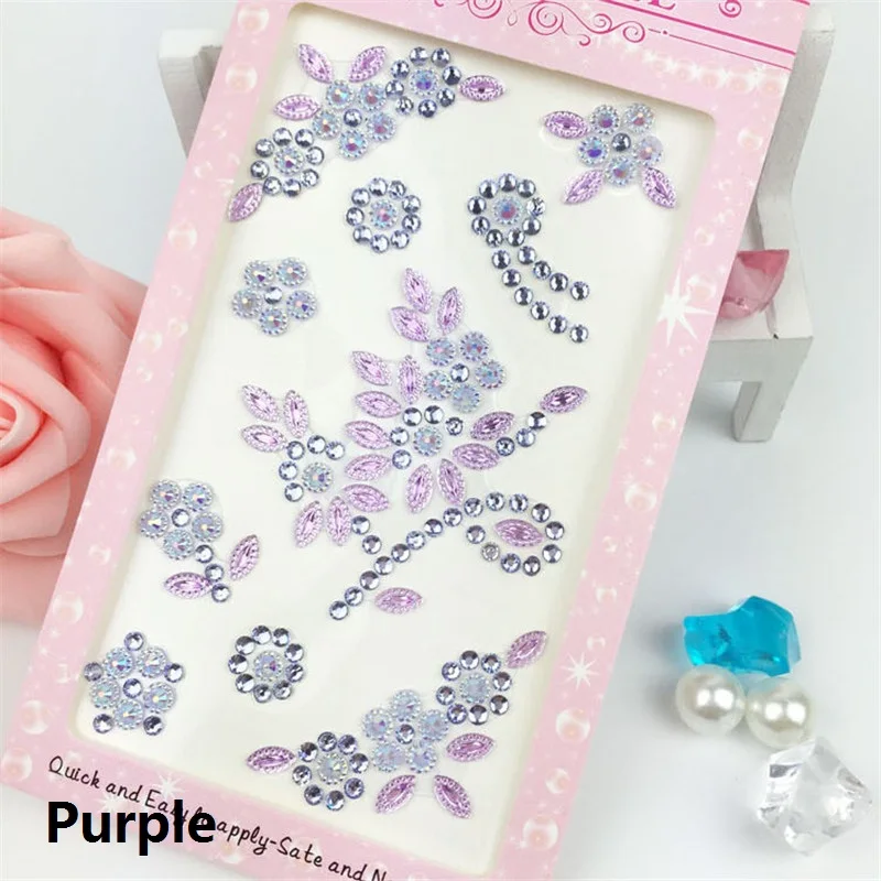 Декоративные цветочные наклейки с плоской задней стороной, акриловые наклейки со стразами для телефона, ПК, художественная наклейка, наклейки для скрапбукинга, 17*8,5 см - Цвет: purple