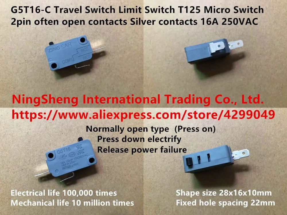 

Original new 100% import G5T16-C 2pin open silver contact travel limit key micro switch 16A250V