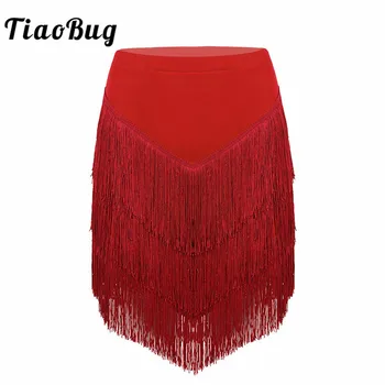 

TiaoBug Women Elastic Waist Asymmetrical Tassels Fringe Latin Dance Skirt with Built-in Shorts Tango Rumba Salsa Dance Costumes