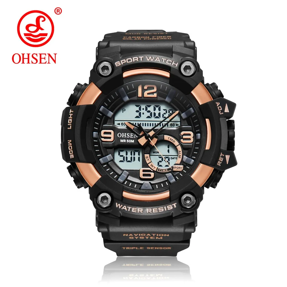 

Top OHSEN Digital Quartz Sport Men Wristwatch 50M Waterproof Led Diving Rose Gold Army Military Silicone Watch relogio masculino