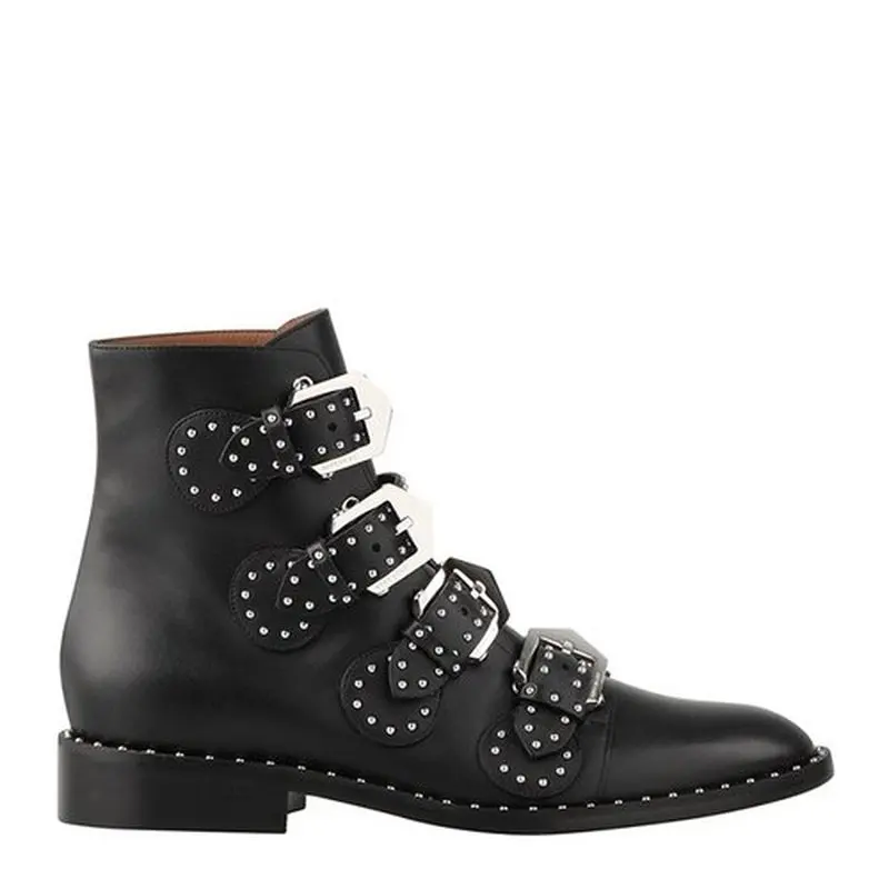 

Genuine Leather Black Cowhide Ankle Boots Womens Shoes Rivet Metal Buckle Combat Boots for Women Luxury Shoes Women Designers