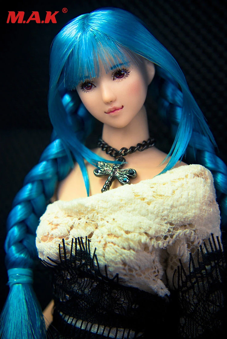 

1/6 scale accessory girl head sculpt model with blue double braided edition of Qi Liu Hai for 12" pale female action figure body