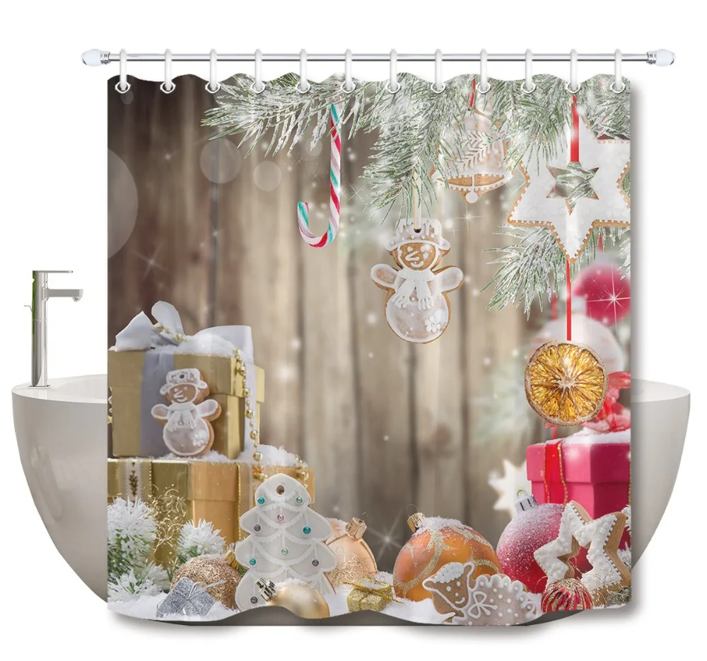 Bathroom Decor Waterproof Fabric XMAS Tree Wooden Board Shower Curtain Set Hooks