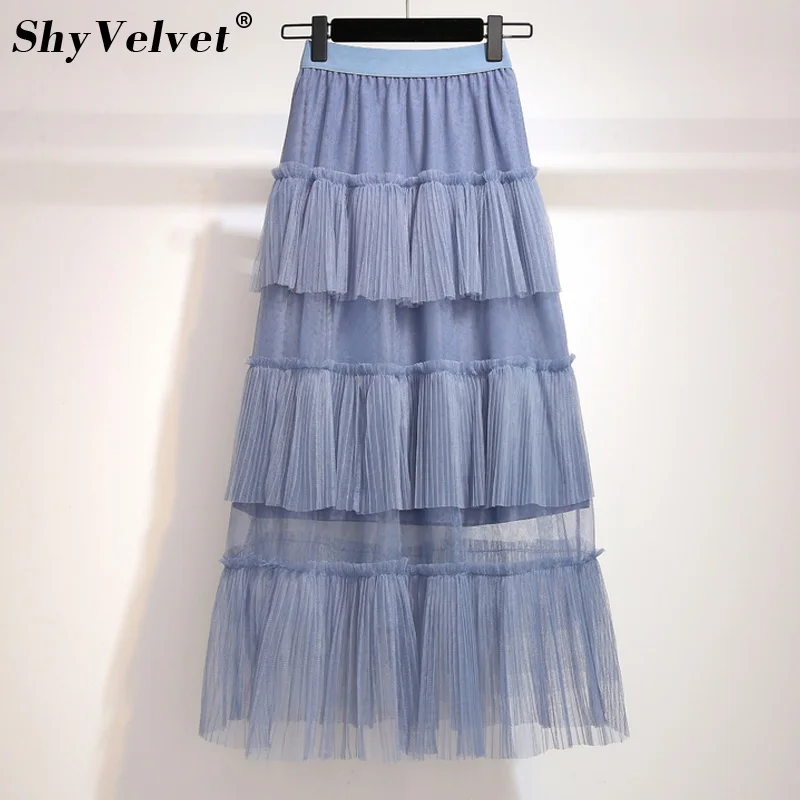 

Spring Ruffles Skirts Long Pleated Skirts Woman 2019 Ruffles Layers Tiered Mesh Cake Tulle Skirt For Women Pink Gray Black