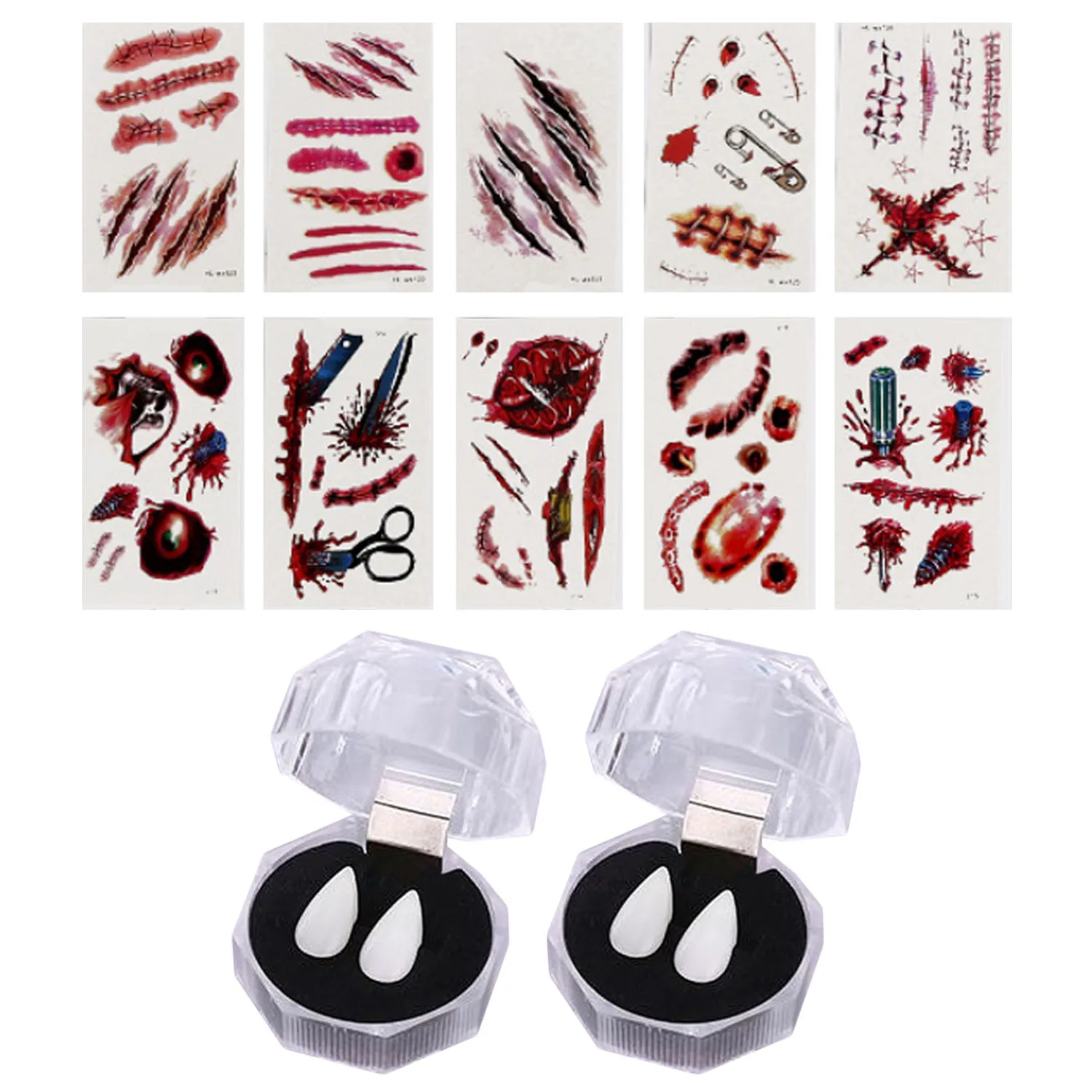 

Zombie Makeup Halloween Tattoos Stickers With Vampire Teeth False Scab Scars Wound Makeup Tattoo Halloween Tattoos Stickers Set