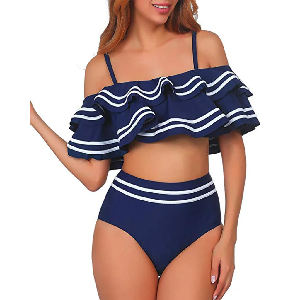

Sexy Off Shoulder 2 Piece Swimwear Women Vintage Ruched Flounce Stripe Crop Top Bottom Bikini Set Swimsuit Bathing Suit