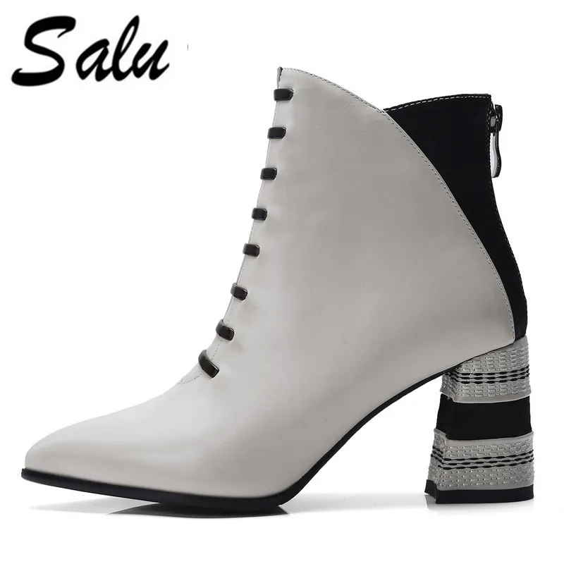 

Salu 2018 new arrival ankle boots for women genuine leather shoes autumn winter boots square heels casual fashion boots