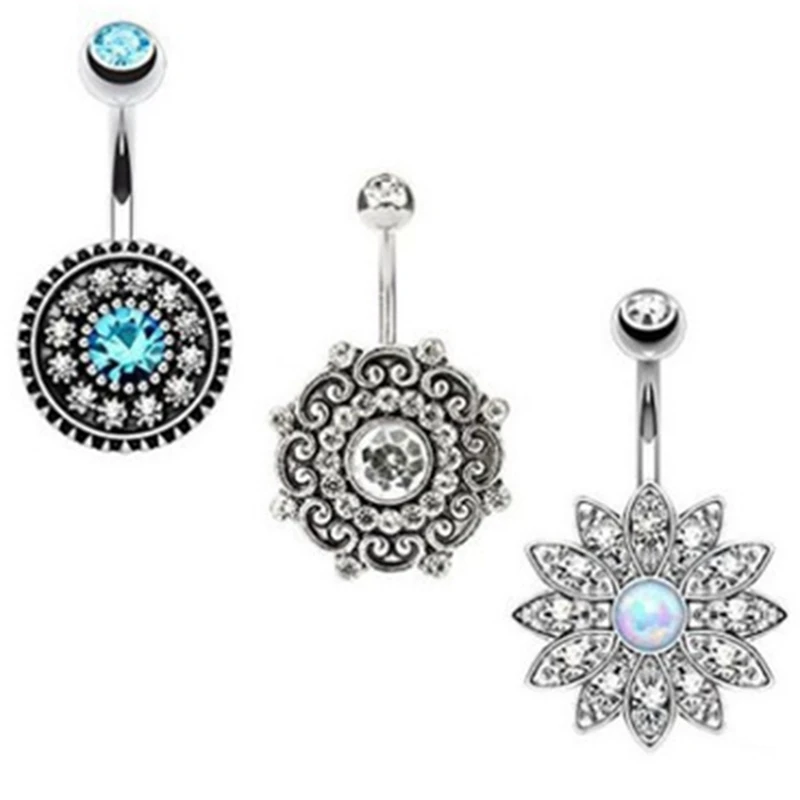 

2/3pcs/set New Arrival 316L Surgical Steel Opal Belly Button Ring Flower Dangle Navel Ring Body Piercing Jewelry