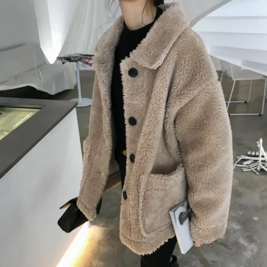 

Winter women's jacket faux lamb fur coat fake fur coat long sleeve thicken warm jacket female single breasted slim outwear L1663