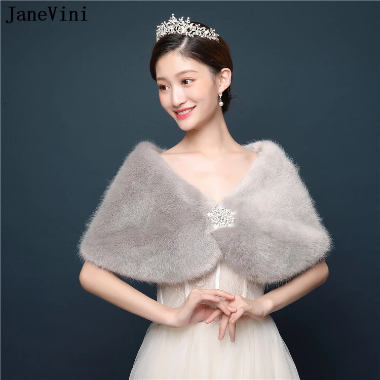 JaneVini новый элегантный серый искусственный мех свадебные Обертывания короткий свадебный плащ накидки палантины болеро зима теплая Болеро