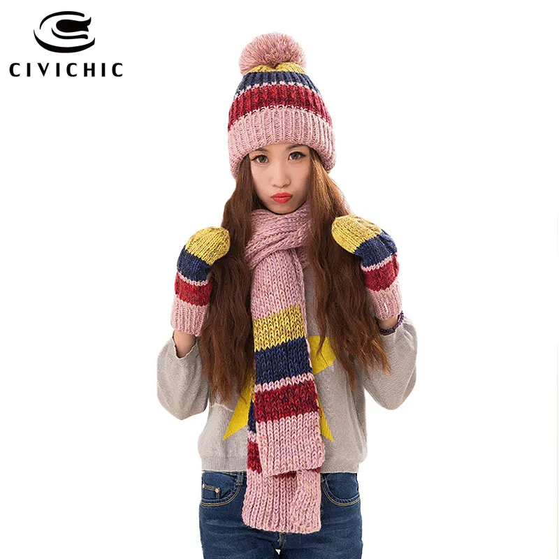 

CIVICHIC Hot Fashion Korean Lady Winter Warm Set Knit Hat Scarf Gloves Color Mix Thick Shawl Pompon Beanies Stripe Mittens SH169