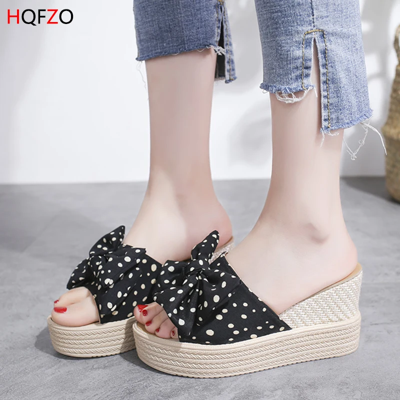 

HQFZO Women Slap Dot Bowknot Wedges Slippers Women High Heel Beach Bowtie Flip Flops Summer Platform Sandals Zapatos Mujer