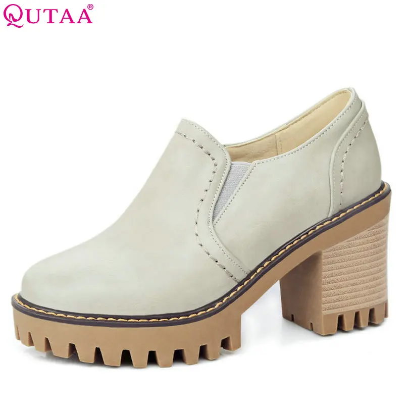 

QUTAA 2017 Women Pumps Solid Pu Leather Slip on Square High Heel Platform Spring and Autumn Round Toe Ladies Pumps Size 33-43
