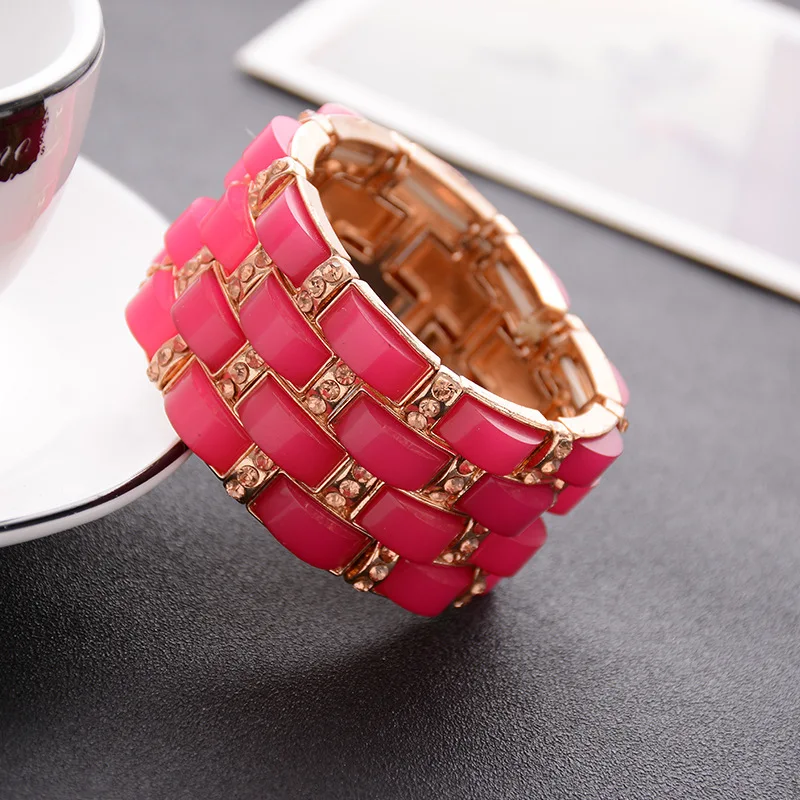 

New Sweet Office Gold Acrylic Crystal Wide Elastic Bracelet Bangle Alloy Jewely Korean Fashion Bracelets for Women Dropshipping