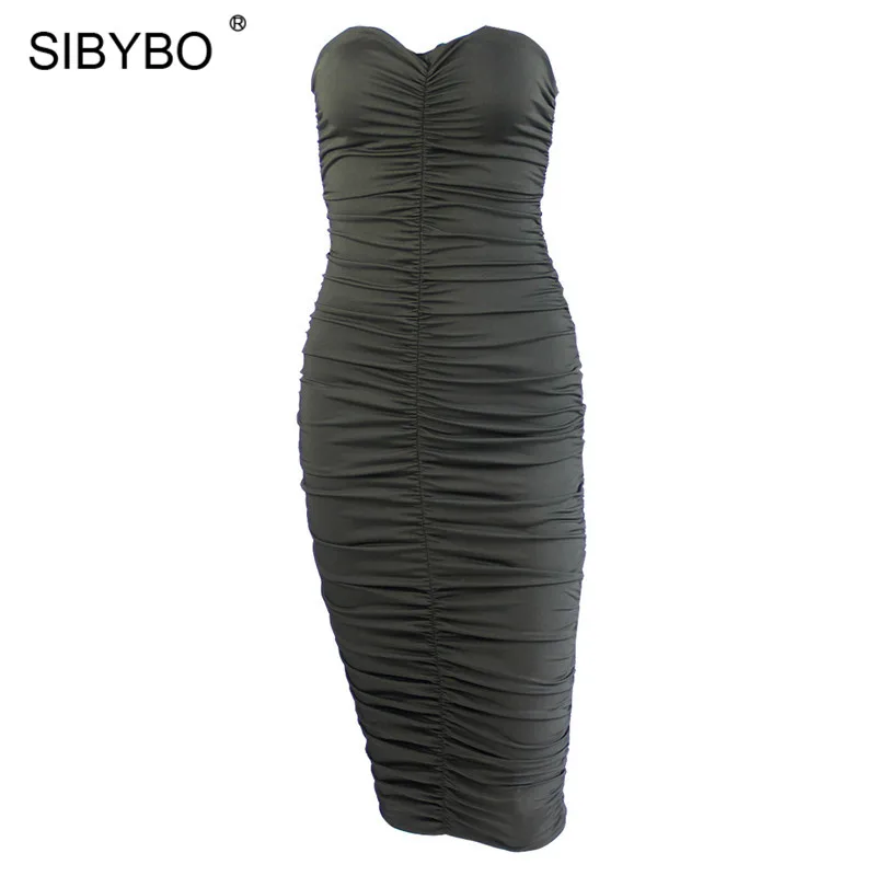 SIBYBO Strapless Pleated Sexy Bodycon Dress Off Shoulder Sleeveless Summer Party Dress Women Backless Beach Casual Women Dress