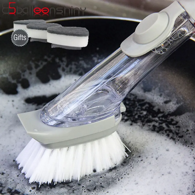 

BalleenShiny Long Handle Squeeze Cleaning Brush Detergent Stains Removal Brush Bathroom Kitchen Sponge Dish Wash Sanitary Tools