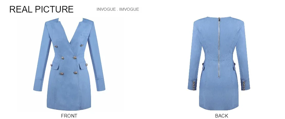INVOGUE. IMVOGUE Новое поступление модные пуговицы Sexy V образным вырезом одежда с длинным рукавом одноцветное цвет Bodycon мини платье