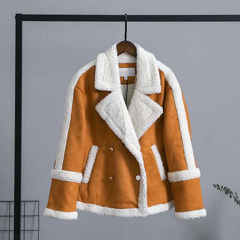 

HEE GRAND Flocking Coat Women 2018 Winter Double Breasted Faux Fur Thick Jacket Female Loose Short Cotton Padded Outwears WWJ940