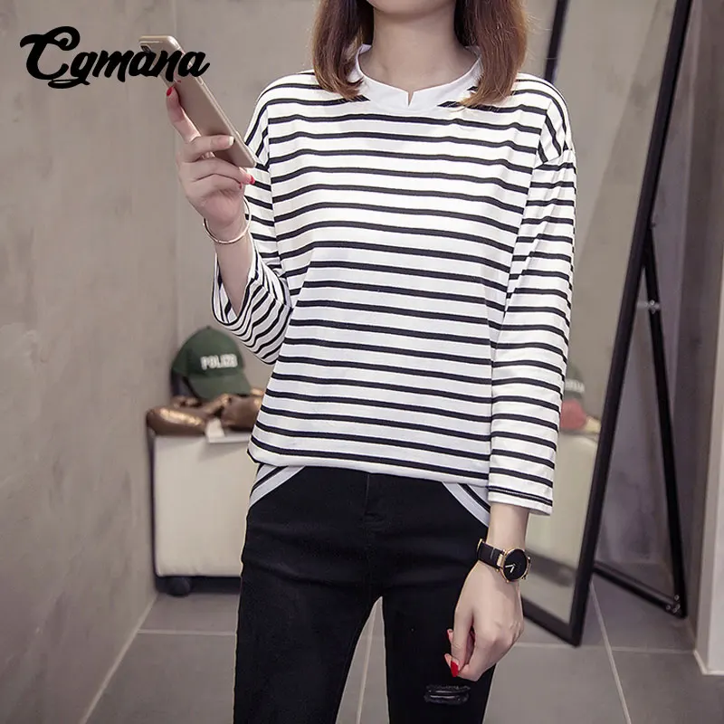CGmana T-shirt Female 2018 New Women Autumn Korean Casual Loose Striped T Shirts Harajuku Cotton Long Sleeve Tops Tees Plus Size Tops