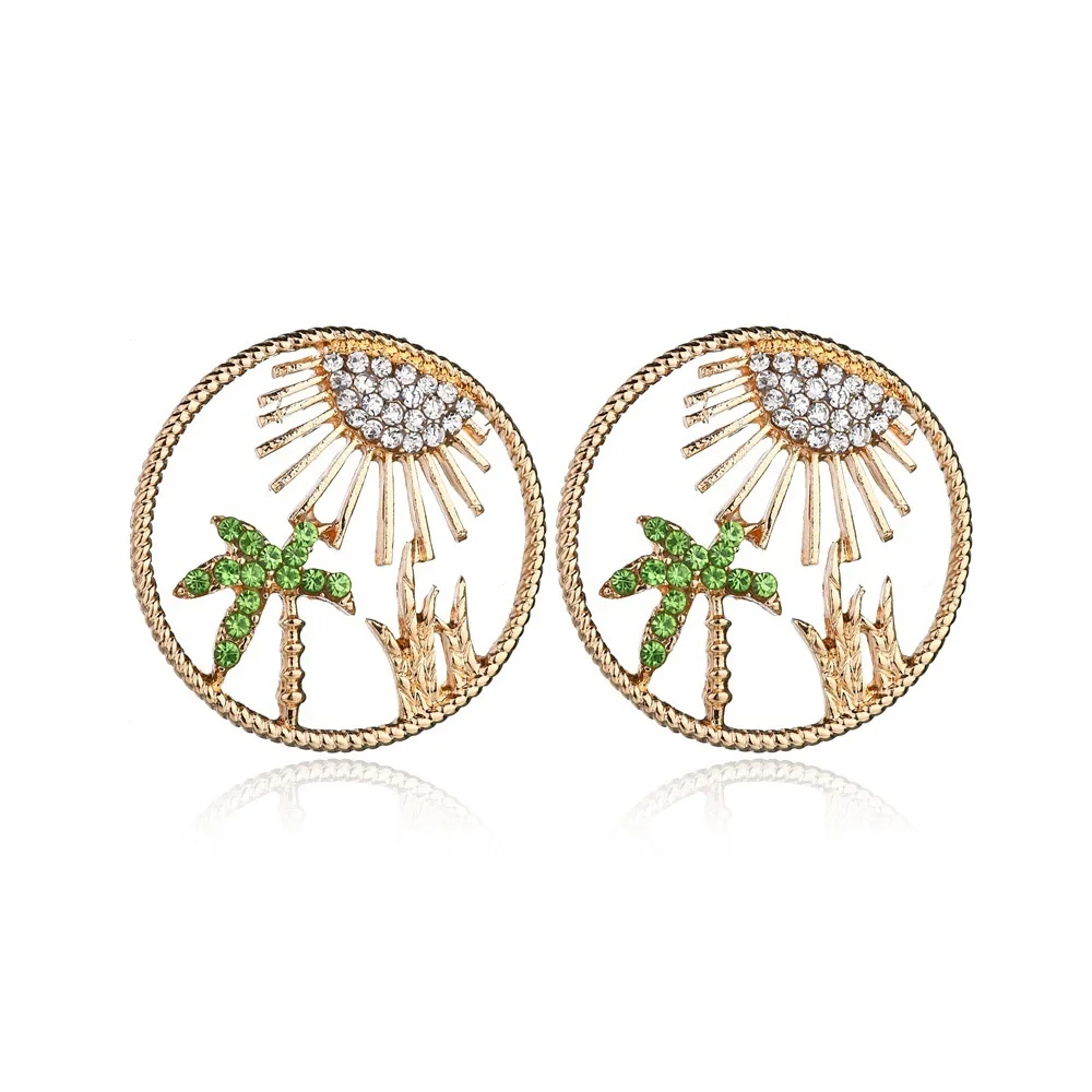 

creative design shining rhinestone Sun sunshine green Coconut Tree ocean holiday style fashion round Stud Earring Women Jewelry