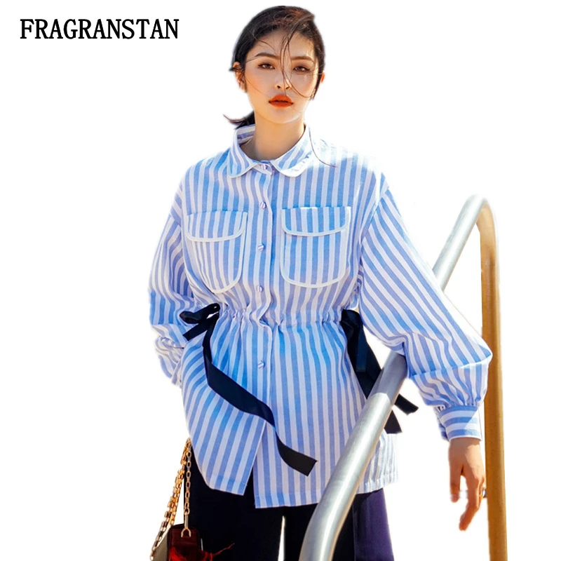 Women Striped Lantern Sleeve Pockets Sashes Blue Shirt