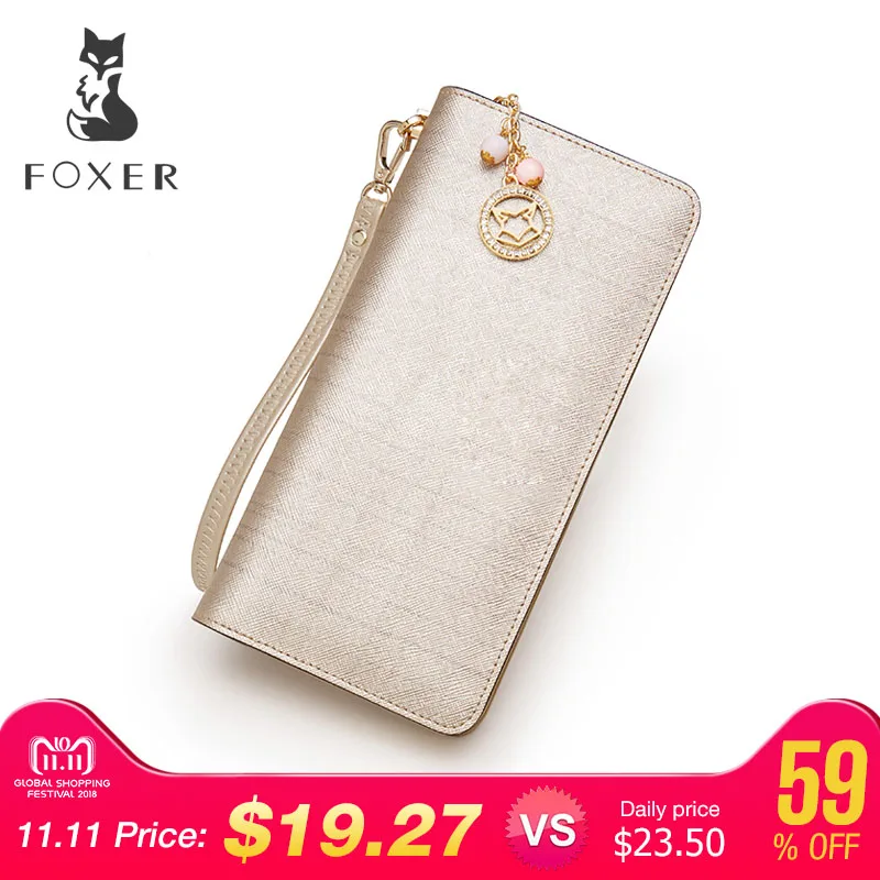 

FOXER Brand Women Cow Leather Wallet Simple Coin Purses Fashion Zipper Long Wallets Female Clutch Bag