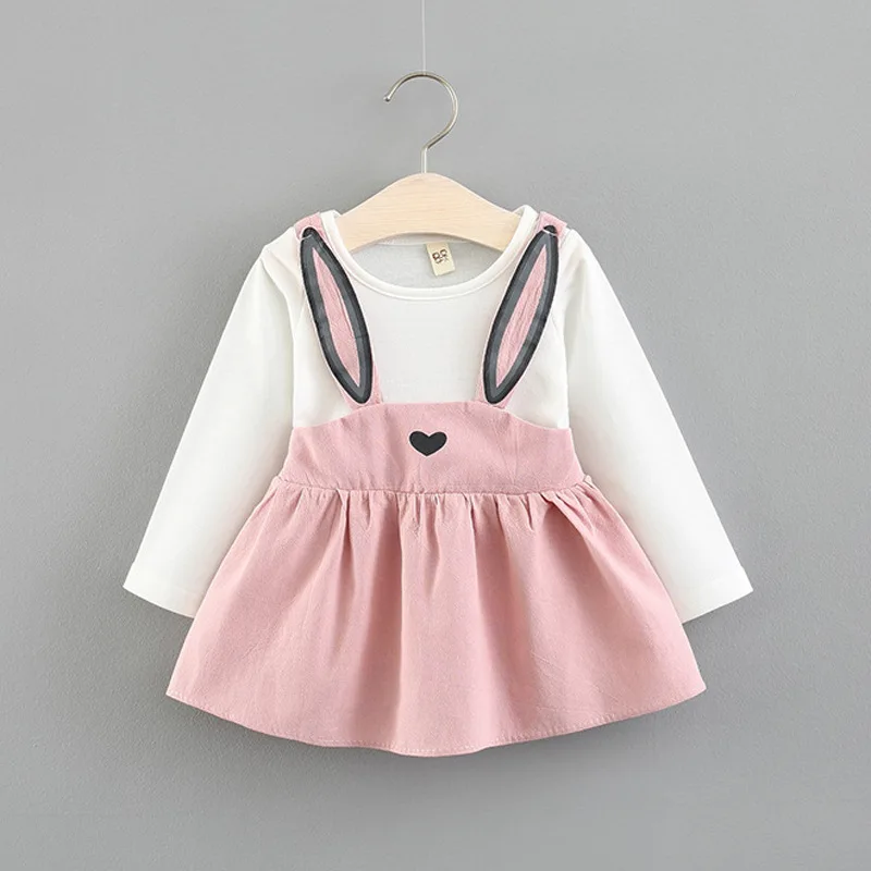 Baby spring and autumn new girls cotton long-sleeved dress baby cartoon cute fake two-piece strap skirt