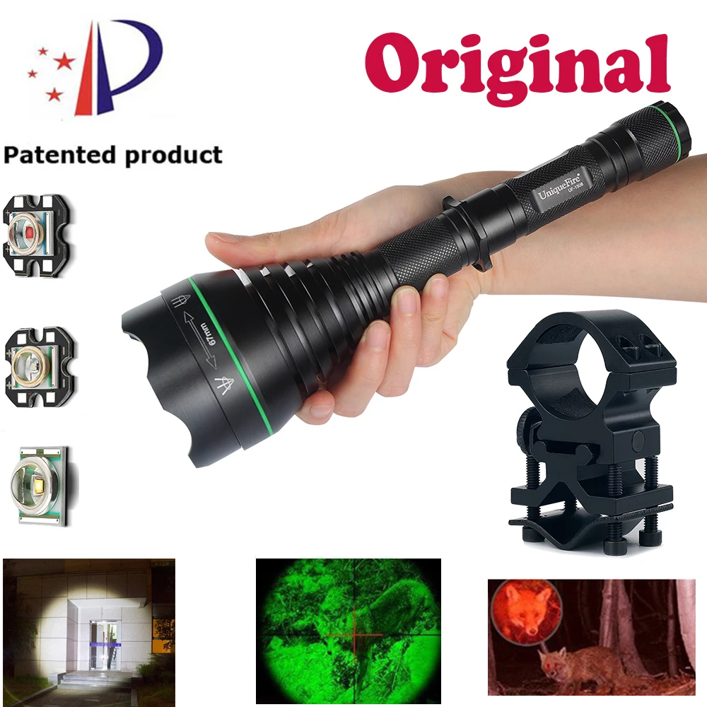 

UniqueFire Flashlight 1508 67mm Lens Focusing Outdoor Special White/Green/Red Light Multifunctional Flashlight3 Mode+Scope Mount