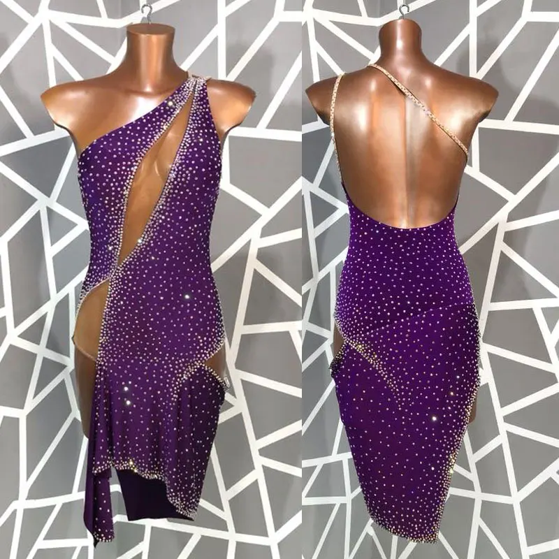 Латинское танцевальное платье для женщин фиолетовый горный хрусталь сексуальное платье с открытой спиной для латинских танцев, сальса танго платье на заказ-ручная работа
