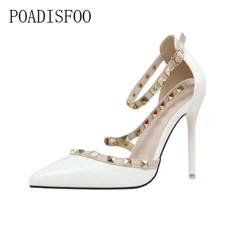 

POADISFOO simple sexy nightclubs high-heeled shallow mouth pointed rivets women's shoes Ankle Strap High Heel Shoes .ZWM-1138
