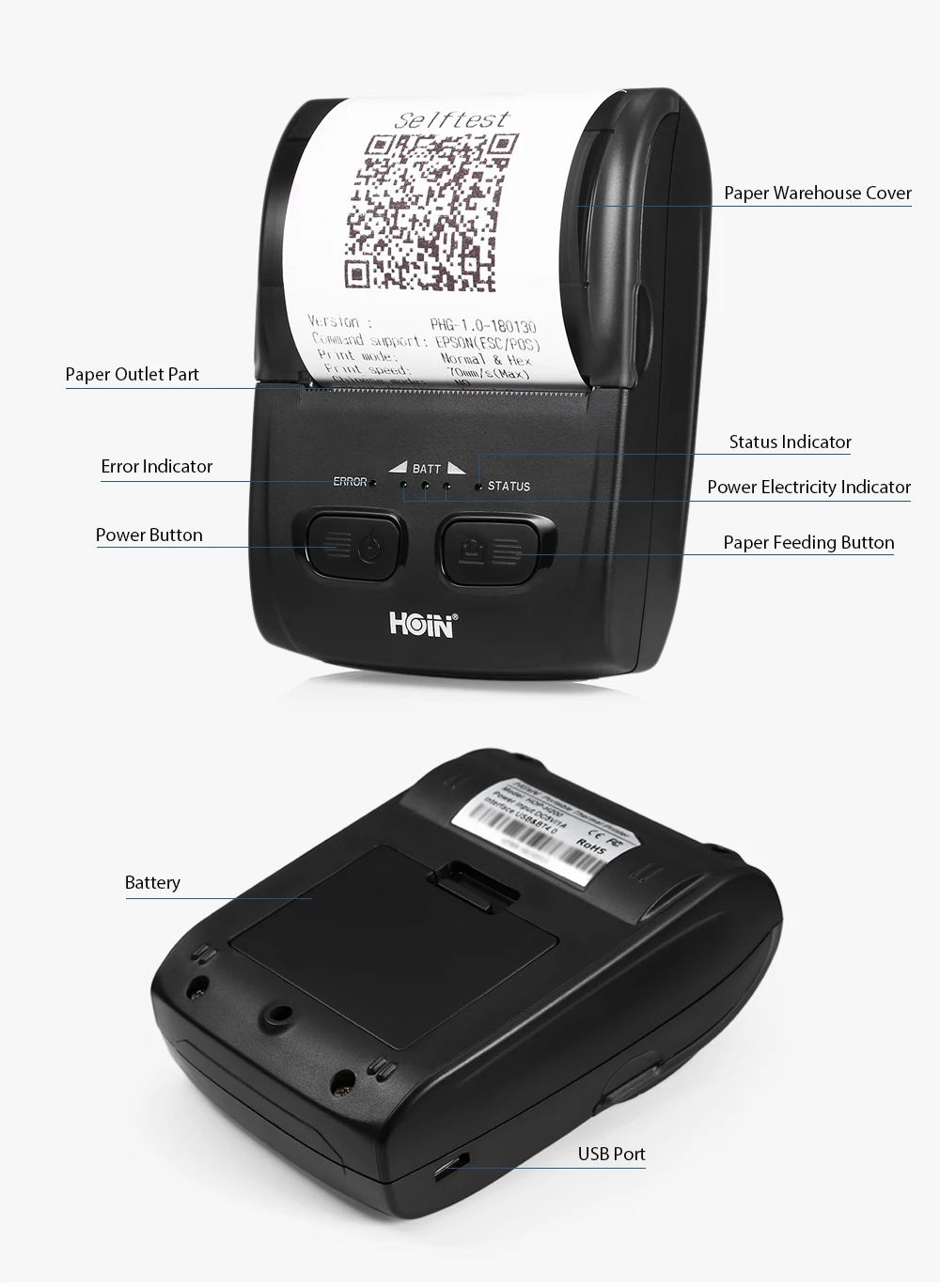 HOIN HOP H200 58 мм Термопринтер Bluetooth USB портативный мобильный чековый принтер печатная машина устройство PK MTP-II