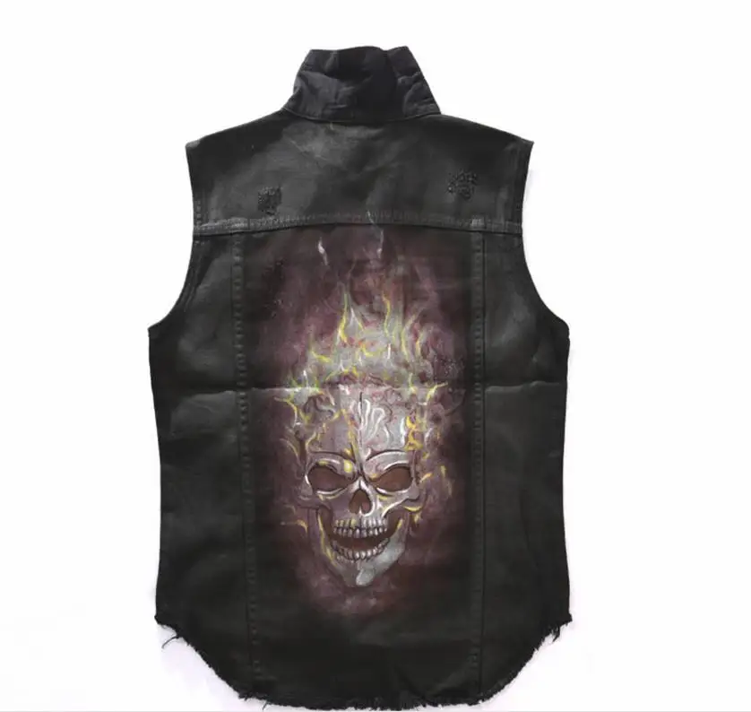 Men's Motorcycle Vest Personality Fashion Skull Print Sleeveless Coat Punk Rock Cowboy Hip Hop Biker Denim Vests Black S-2XL - Цвет: Черный